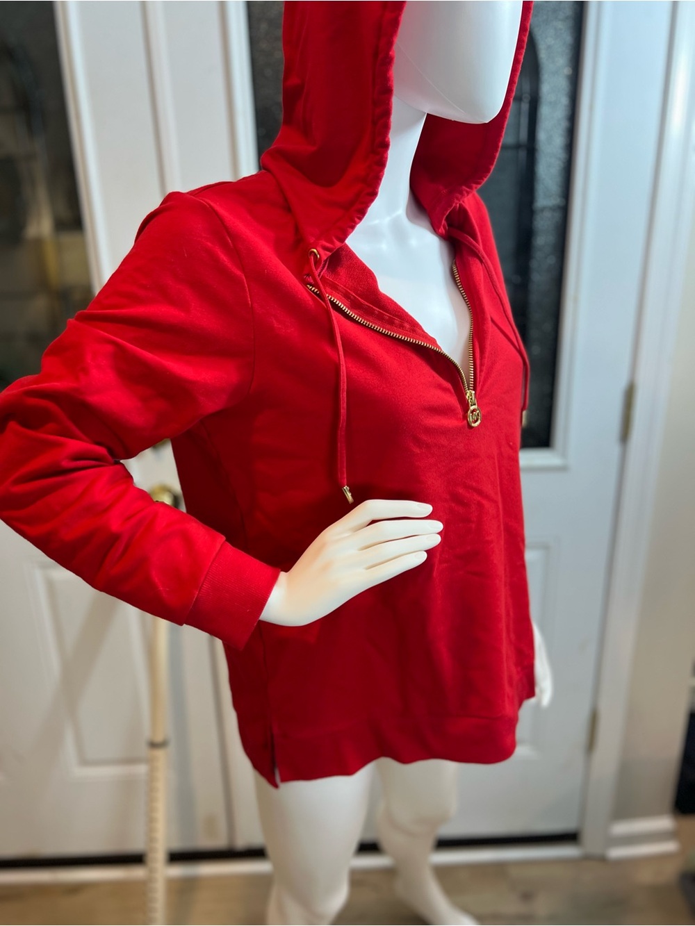 Michael Kors Red Half-Zip Hoodie with Gold Hardware
